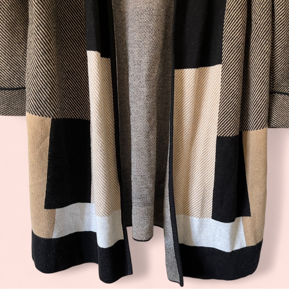 Women’s Large Kasper Plaid Color Block Open Front Long Knit Cardigan - Picture 4 of 8